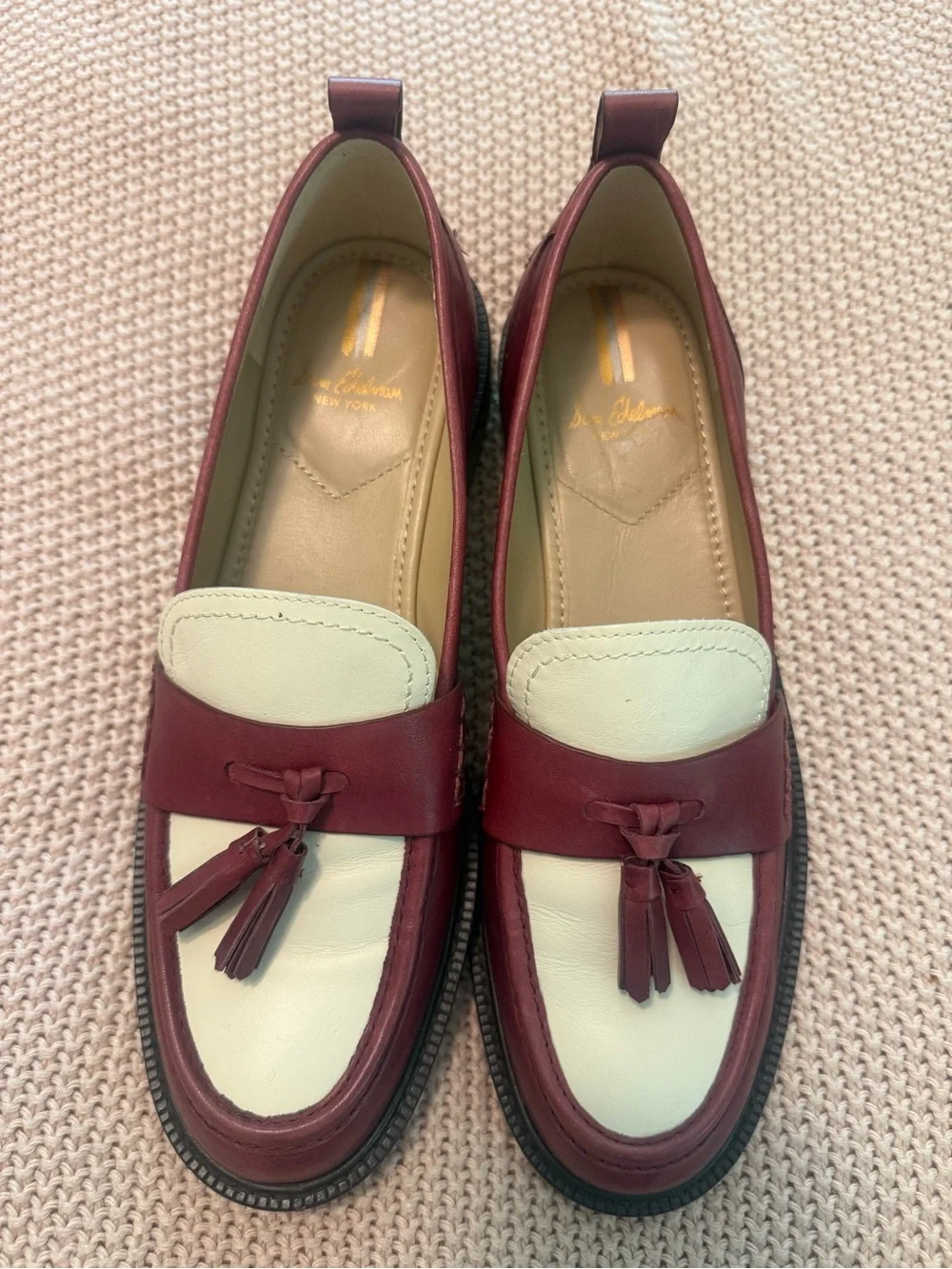 Sam Edelman Caylia Tassel Loafers in Burgundy and White Leather size 9.5
